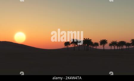 Un rendering 3D di paesaggio desertico con palme su sfondo arancione tramonto cielo Foto Stock