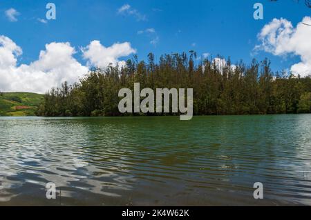 Lago Ooty panoramico, cielo blu e bianco, riflesso visibile in acqua, il dono della natura di verde ovunque è il modo in cui si può spiegare la bellezza di Ooty. Foto Stock