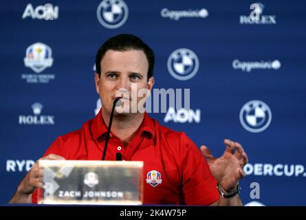 USA il capitano della Ryder Cup Zach Johnson durante una conferenza stampa all'Hotel Cavalieri di Roma. La Ryder Cup 2023 si svolgerà presso il Golf e Country Club Marco Simone, venerdì 29 settembre 2023 – domenica 1 ottobre 2023. Data immagine: Martedì 4 ottobre 2022. Foto Stock