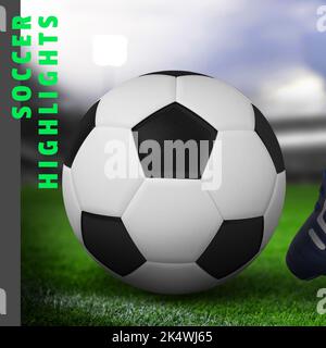 Composizione del calcio evidenzia il testo sul calcio su sfondo erba Foto Stock