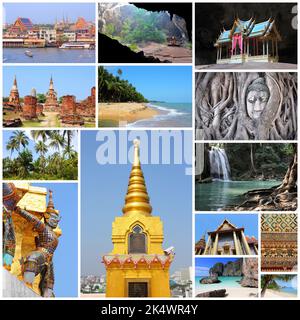 Collage fotografico di viaggio dalla Thailandia. Il collage include i principali luoghi di interesse come Bangkok, Ayutthaya, spiagge tropicali e Maya Bay. Foto Stock