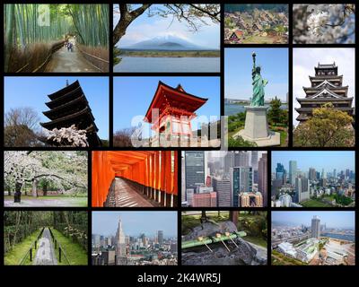 Collage foto viaggio Giappone. Include i principali punti di riferimento come Tokyo, Kyoto, Osaka, Hiroshima, Kobe, Monte Fuji e Hirosaki. Foto Stock