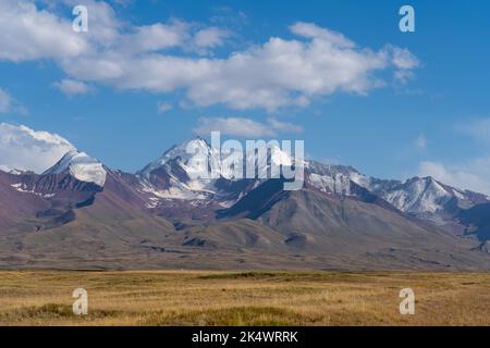 Vista della catena montuosa innevata di Trans-Alai o Trans-Alay nella valle di Sary Tash, Kirghizistan, con pascoli in primo piano lungo l'autostrada Pamir Foto Stock