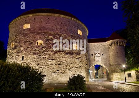 Vista notturna della torre dell'artiglieria Fat Margaret a Tallinn, Estonia Foto Stock