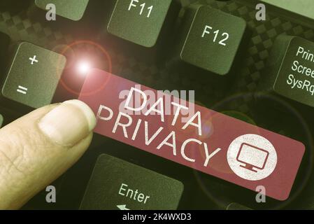 Firma che visualizza la privacy dei dati. Parola per la sicurezza di Internet e la protezione digitale del sito web o della home page di destinazione Foto Stock