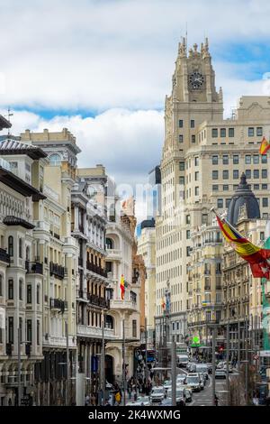 Veduta aerea del viale Gran Via a Madrid, Spagna Foto Stock