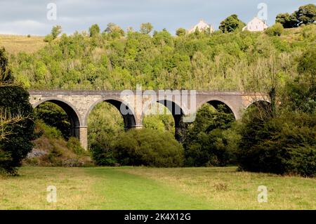 Il Viadotto di Headstone vicino alla testa di Monsal. Il viadotto è ora un sentiero multiuso, i suoi cinque archi che attraversano il fiume Wye. Si tratta di una struttura di grado 2. Foto Stock