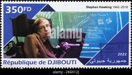 Stephen Hawking e i suoi studi sul francobollo Foto Stock