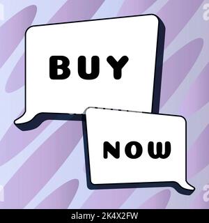 Testo che mostra ispirazione Acquista ora. Parola scritta su chiedere a qualcuno di acquistare il tuo prodotto fornire buono sconto Foto Stock
