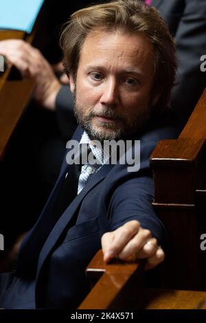 Il vice del PS Boris Vallaud durante una sessione di interrogazioni al governo presso l'Assemblea Nazionale di Parigi il 4 ottobre 2022. Foto di Raphael Lafargue/ABACAPRESS.COM Foto Stock