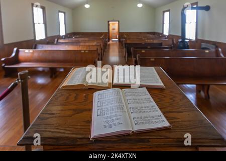 Beckley, West Virginia - edifici storici sono in mostra nel campo del carbone presso la miniera di carbone di Beckley Exhibition. Questa chiesa del campo di carbone è stata costruita nel 19 Foto Stock