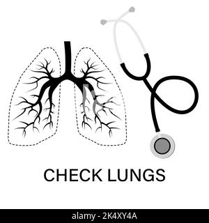 Polmoni e stetoscopio icone in bianco e nero isolato su bianco. Elemento di disegno vettoriale. Illustrazione Vettoriale