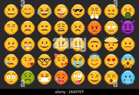 Pixel emoji, emoticon sorride e icone facciali a 8 bit, vettore felice, triste e arrabbiato set. Pixel emoji o cute sorride con emozioni ridere o amare, messaggi chat emoticon e espressione sorrisi, pixel stickers Illustrazione Vettoriale