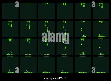 Animazione verde slime, effetto sprite animato, interfaccia grafica vettoriale giochi. Veleno verde o calce liquida e gocce di spruzzi tossici per foglio di sprite o effetto FX, gocciolamento di veleno verde o calce radioattiva Illustrazione Vettoriale