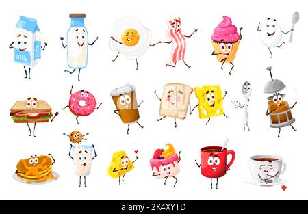 Simpatici personaggi per la colazione e le bevande. Latte, uova strapazzate e sandwich carino. Dolci, ciambelle e pancake, pancetta, toast e formaggio, caffè, tè bevande, set di caratteri vettoriali Illustrazione Vettoriale