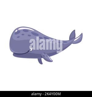 Cartoon cachalot o spermatozoi carattere balena, carino acqua di mare animale o felice pesce oceano vettore personage. Mammifero subacqueo marino, divertente personaggio balena dentata con pelle, coda e pinna macchiate blu Illustrazione Vettoriale