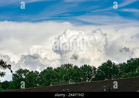 Massicce nuvole di cumuli torreggianti, note come cumuli congestus, si stanno trasformando in tempeste in lontananza Foto Stock