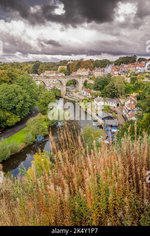 Knaresborough Viadotto nella città dello Yorkshire settentrionale di Knaresborough, Inghilterra e trasporta la linea ferroviaria di Harrogate sul fiume Nidd. Foto Stock