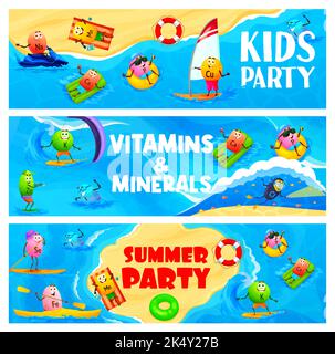 Cartoni animati vitaminici e minerali in vacanza in spiaggia, micronutrienti in mare, banner vettoriali. Vitamine divertenti e nutrienti minerali, kayak con pillole di selenio o potassio, snorkeling e windsurf Illustrazione Vettoriale