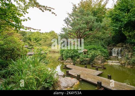 Interessante ponte in legno giapponese in stagno di Teahhouse giapponese Kansoan all'interno del Giardino Inglese e piccola cascata in Minich - lanterna di pietra amo Foto Stock