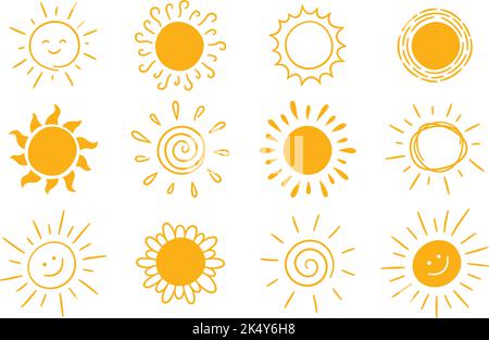 Doodle diverse icone del sole set. Il sole giallo con i simboli dei raggi. Collezione di disegni per bambini Doodle. Raffica disegnata a mano. Cartello meteo caldo. Vettore Illustrazione Vettoriale