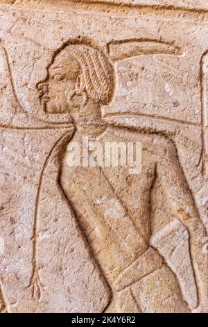 Abu Simbel, Assuan, Egitto. Rilievo murale raffigurante Nubiano catturato al Grande Tempio di Ramesses II Foto Stock