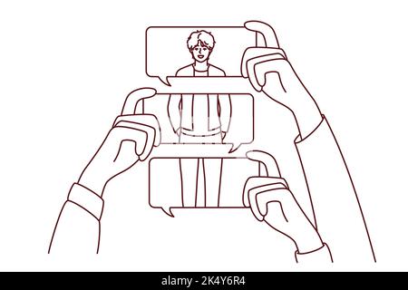 Le mani della gente che tengono le bolle del messaggio fanno i commenti circa gli sguardi della persona. Commenti anonimi e la condivisione di opinioni negative on-line. Illustrazione vettoriale. Illustrazione Vettoriale