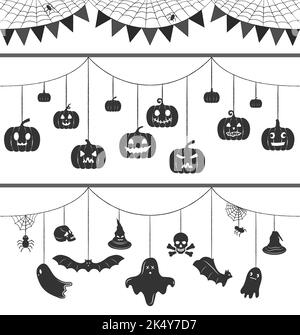 Happy Halloween Hanging decorazione Banner Vector Illustration. Trucco o trattare sfondo festa. Risorsa grafica di zucca intagliata. Sociale Illustrazione Vettoriale