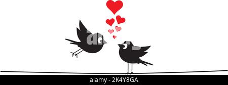 Gli uccelli si sposano in amore su filo con illustrazioni di cuori, vettore. Divertente cartoon art design. Design minimalista con poster isolato su sfondo bianco. Vintage Illustrazione Vettoriale