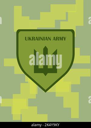 Trident sullo scudo dell'esercito ucraino. Emblema Trident. Simbolo dell'esercito dell'Ucraina. Immagine vettoriale. Parte di abbigliamento militare. Scudo guerriero. M Illustrazione Vettoriale