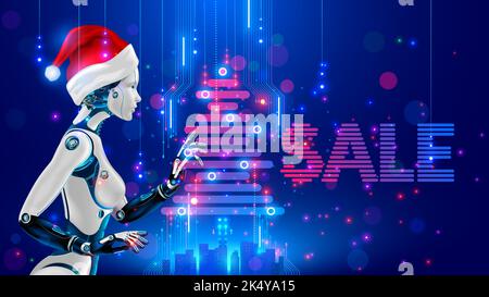 Banner di vendita online natalizia in stile cyberpunk tecnologico. Bella donna robot in cappello rosso decorazione virtuale Electronic albero di natale. Internet di nuovo anno Illustrazione Vettoriale