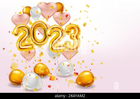 Palloncini a cuore rosa Felice anno nuovo 2023, numeri di foglio d'oro, palloncini bianchi Illustrazione Vettoriale