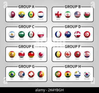 Qatar fifa World Cup torneo di calcio 2022 . Fasi del gruppo . Calcio con modello di bandiera nazionale . Vettore . Illustrazione Vettoriale