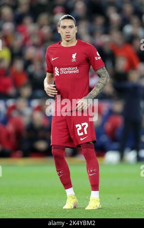 Anfield, Liverpool, Regno Unito. 4th Ott 2022. Champions League Football, Liverpool contro Rangers FC; Darwin Nunez di Liverpool Credit: Action Plus Sports/Alamy Live News Foto Stock