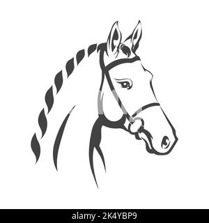 Emblema monocromatico di testa di cavallo isolato su bianco. Illustrazione vettoriale. Illustrazione Vettoriale