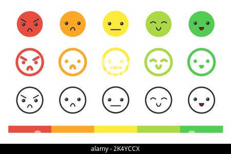 Set di icone piatte isolate in scala emozionale. Indicatore emoji di soddisfazione. Segno di feedback a colori per la valutazione emoticon. Divertente simbolo di livello viso isolato su bianco Illustrazione Vettoriale