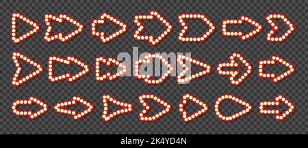 Freccia retro illuminato bordo neon grande icona set. Lampada elettrica elemento affissione pubblicità. Puntatore per cartello nightclub. Banner notturno bar. Festival circo casinò segno cinema. Segnaletica luminosa Illustrazione Vettoriale