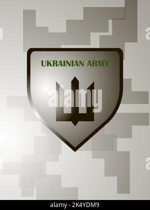 Trident sullo scudo dell'esercito ucraino. Emblema Trident. Simbolo dell'esercito dell'Ucraina. Immagine vettoriale. Parte di abbigliamento militare. Scudo guerriero. M Illustrazione Vettoriale