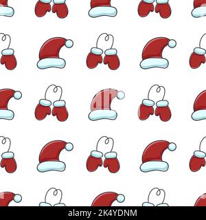 Modello invernale senza cuciture con guanti e cappello. Sfondo con caldi abiti a maglia. Carta digitale per carta da parati, tessuto, confezione, riempimento. Stampa mano Illustrazione Vettoriale