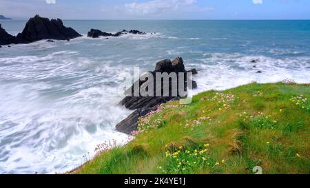 Hartland, Regno Unito - 11 maggio 2022: Onde che si schiantano a Screda Cove e Hartland Quay, Devon del nord Foto Stock