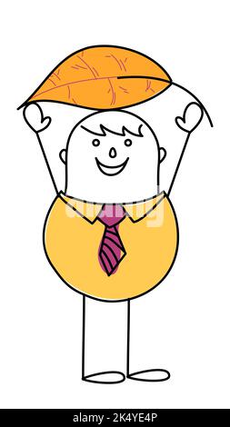 Uomo Cartoon disegnato a mano che tiene sopra la testa una grande foglia d'autunno arancione. Illustrazione Vettoriale