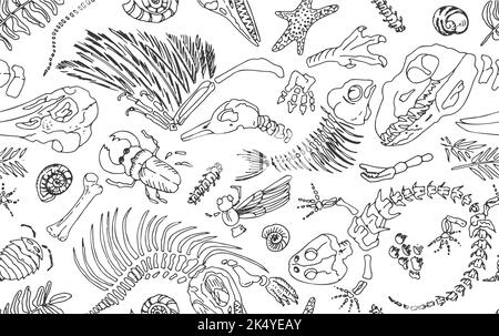 Il contorno isolato della linea nera imprime scheletri di animali preistorici, insetti e piante. Motivo senza cuciture realistico disegno a mano vettore Illustrazione Vettoriale