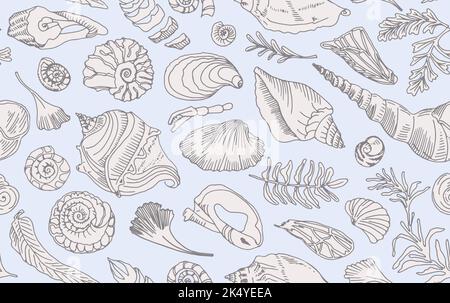 Linea isolata arte contorno conchiglie e piante senza cuciture modello disegnato a mano guscio oceano o conchiglia molluschi capesante Mare sottomarino animale fossile Nautical Illustrazione Vettoriale