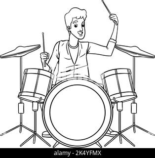 Drummer isolato colorazione pagina per bambini Illustrazione Vettoriale