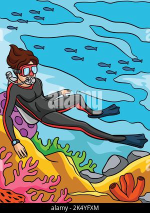 Scuba Diving Cartoon colorato Illustrazione Illustrazione Vettoriale