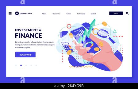 Investimento, risparmio di denaro e crescita finanziaria concetto di business. Immagine vettoriale della mano umana con lo smartphone e la freccia verde sullo schermo Illustrazione Vettoriale