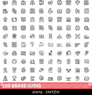 100 icone del marchio impostate. Illustrazione di un vettore di 100 icone di marca isolato su sfondo bianco Illustrazione Vettoriale