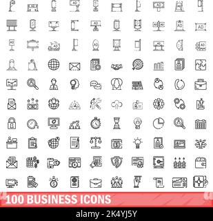 100 icone business impostate. Illustrazione di un vettore di 100 icone business isolato su sfondo bianco Illustrazione Vettoriale