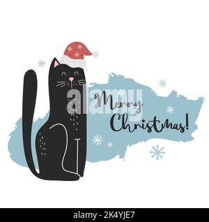 Gatto nero in cappello Santas. Buon biglietto d'auguri di Natale. Illustrazione vettoriale con simpatico animale domestico per il design e la decorazione di nuovo anno Illustrazione Vettoriale