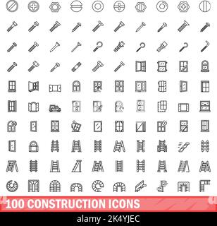 100 icone di costruzione impostate. Illustrazione del contorno di 100 icone di costruzione vettore set isolato su sfondo bianco Illustrazione Vettoriale